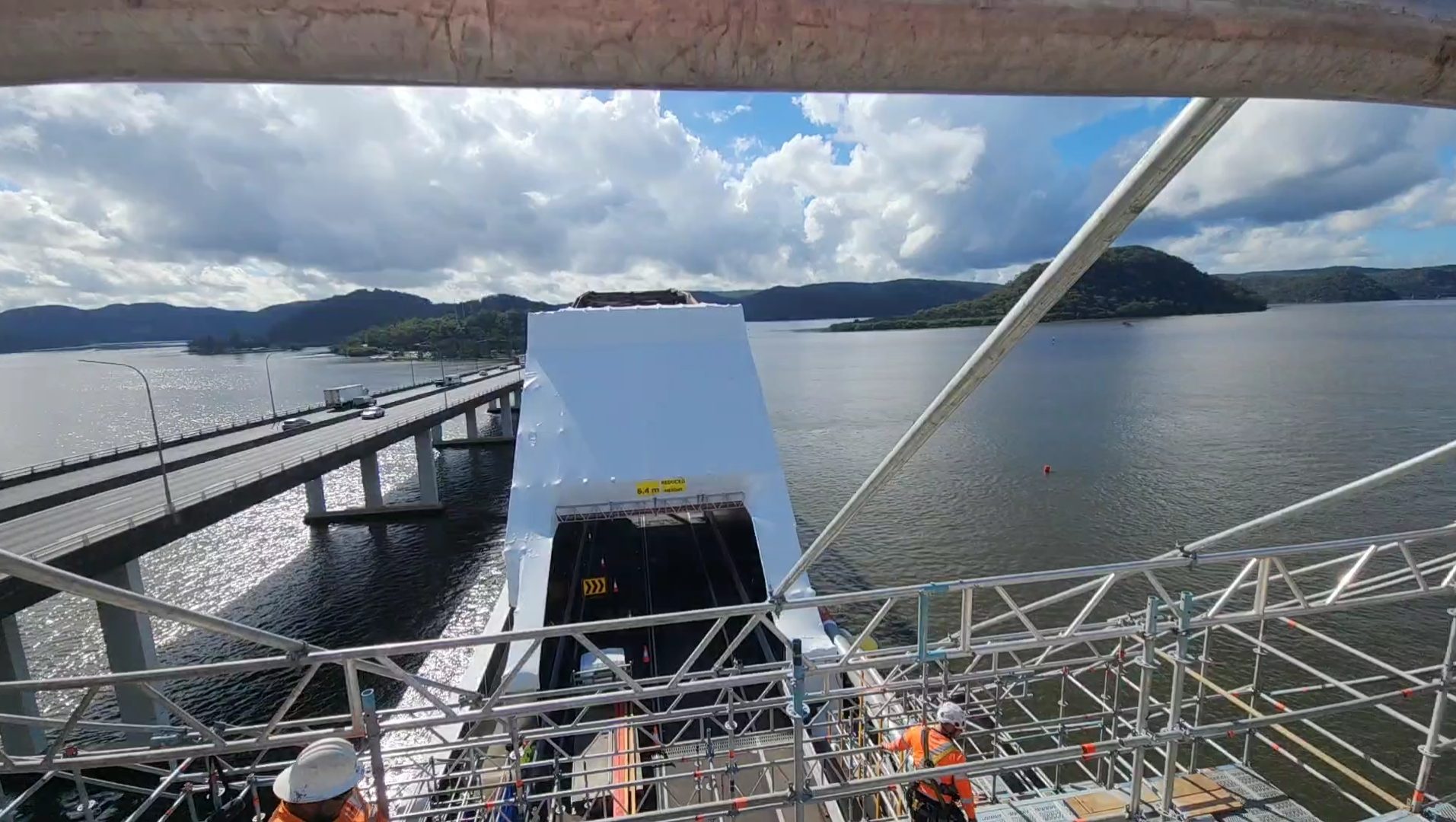 Containment and scaffold on the Peats Ferry Bridge steel truss above the Hawkesbury River